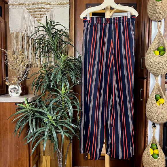 Rachel Zoe Striped Wide Leg Pants 4 | Navy Red Palazzo Boho High Waist Resort - Picture 2 of 11